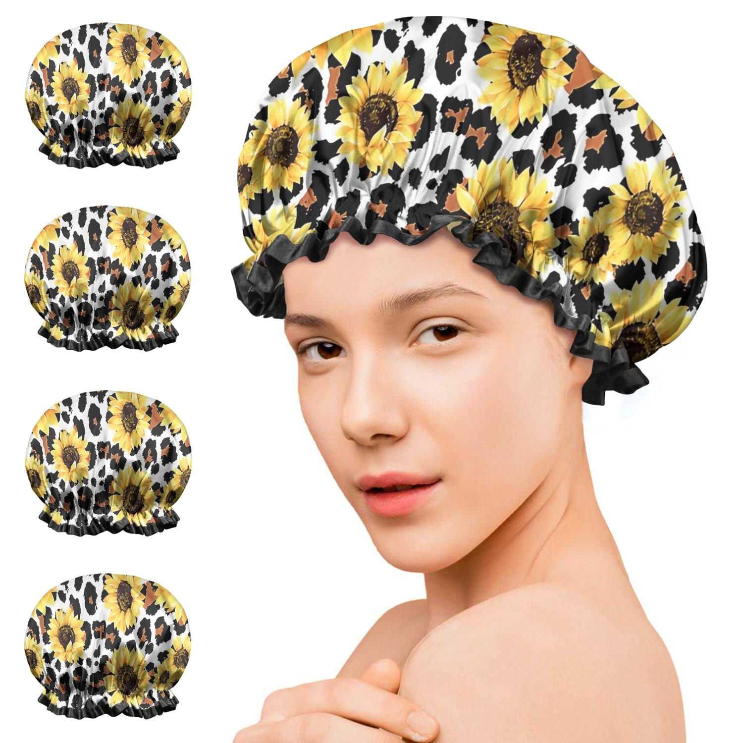 Shower Caps,Leopard Sunflower Pattern Waterproof Shower Cap for Women 4 Pieces,Double Reusable Hair Cover for Shower PEVA Elastic Stretch Hem
