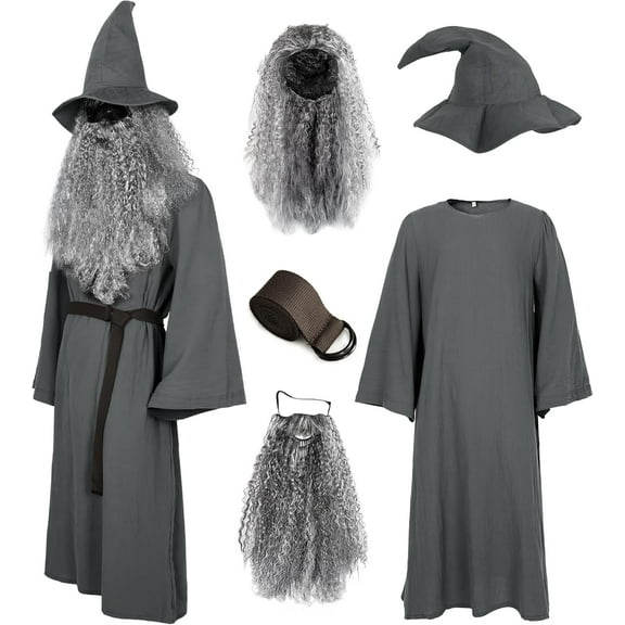 Deluxe 5 Pcs Wizard Costume for Adults Grey Wizard Robe with Wizards Hat, Belt, Wig & Beard Halloween Costumes For Men