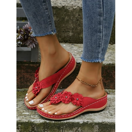 

Women Studded & Flower Decor Thong Sandals Fashionable Outdoor Wedge Slide Sandals