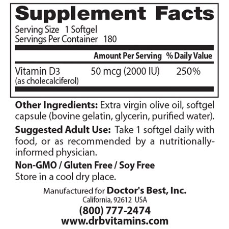 ドクターズベスト ビタミンD3 2000IU (50mcg) 180粒 ソフトジェル Doctor's Best Vitamin D3 サプリメント ビタミン ビタミンD-3 ビタミンサプリ
