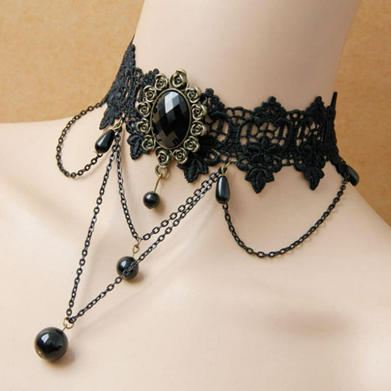 Lace Choker Necklace With Beads Chain Pendants Gothic Jewelry For Woman  Girl - Black