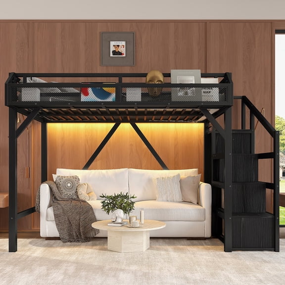 Black Twin XL Loft Bed with Storage Stairs, Shelves and Built-in Wardrobe, Metal Loft Bed Frame with USB Ports and LED Lights