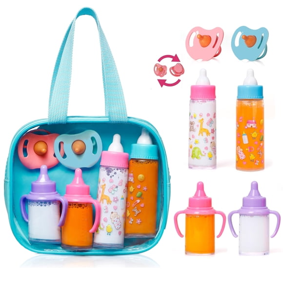fash n kolor Set de alimentación para muñecas que desaparecen My Sweet Baby | Baby Care Juego de alimentación de muñecas de 6 piezas para cochecito de juguete | 2 biberones de leche y jugo con 2 chupe
