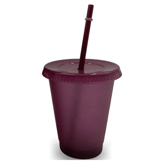 Toystoory Taza para beber con tapa y taza con tapa y pajita, botella reutilizable de plástico PP para bebidas frías, café, jugo, batido Mostrada Rojo púrpura 480ml