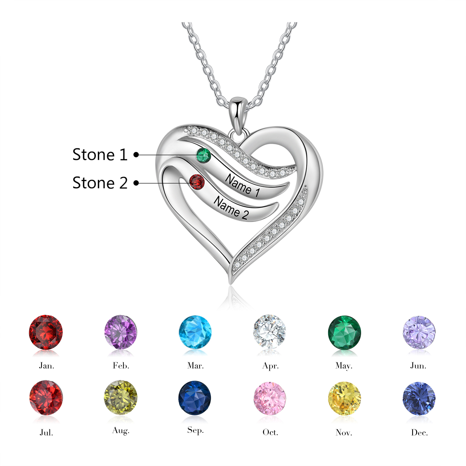 Mementos Personalized Family Mother's (Women's) Necklace Sterling Silver with 2 Birthstones Names