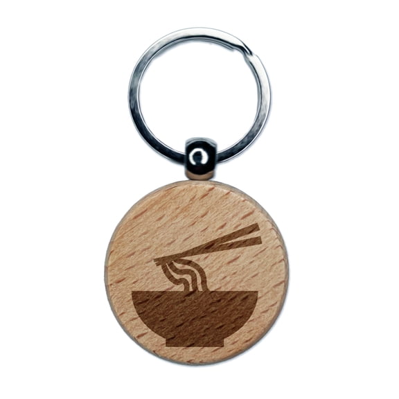 Pho Ramen Noodle Bowl Solid Round Keychain Charm Tag - Engraved Wood