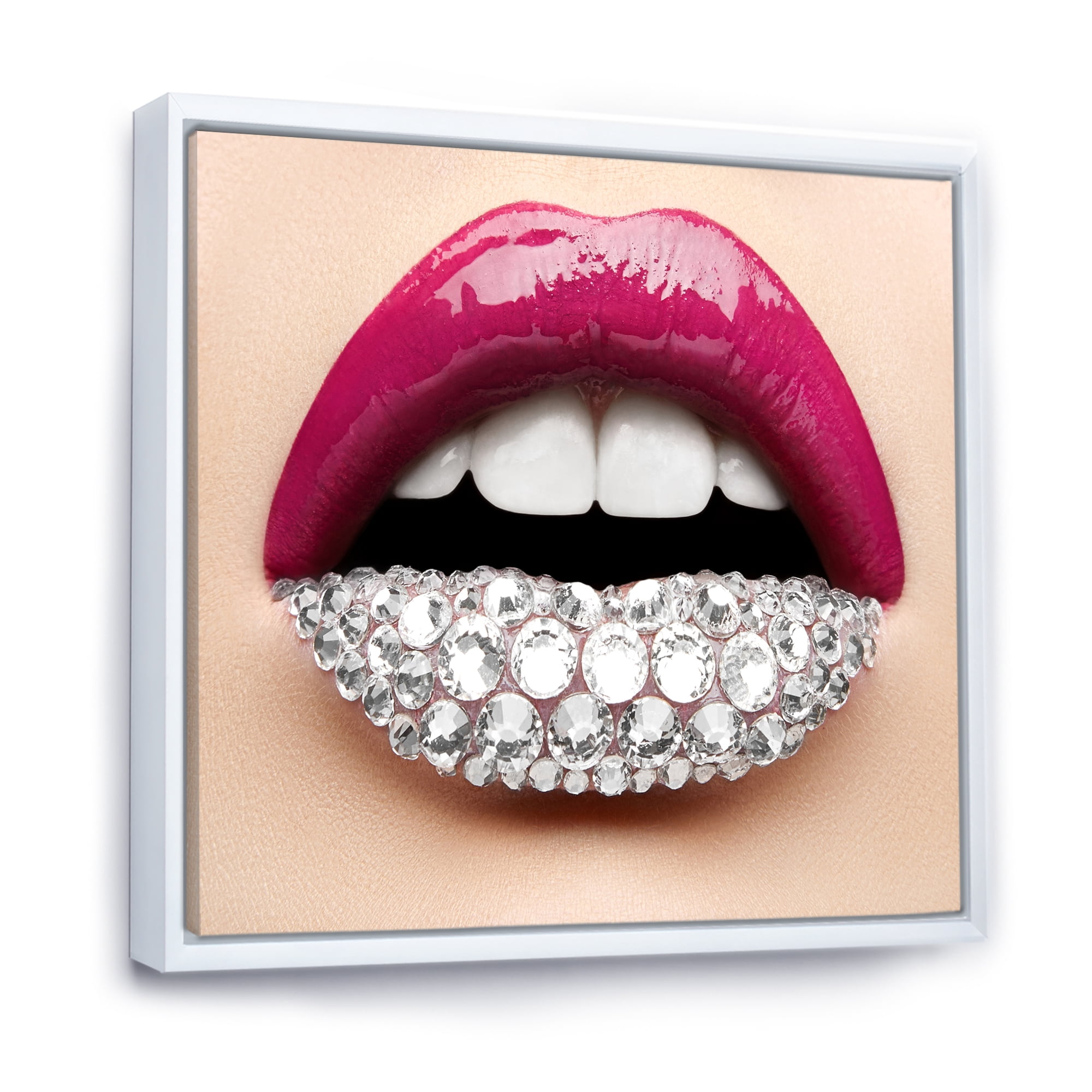 Girl Lips With Pink Lipstick White Diamonds 36 in x 36 in Framed Photography Canvas Art Print, by Designart