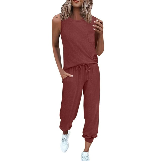 Summer Short Sleeve Tops for Women Solid Color Round Neck Sleeveless Pocket Top Elastic Waist Drawstring Pants