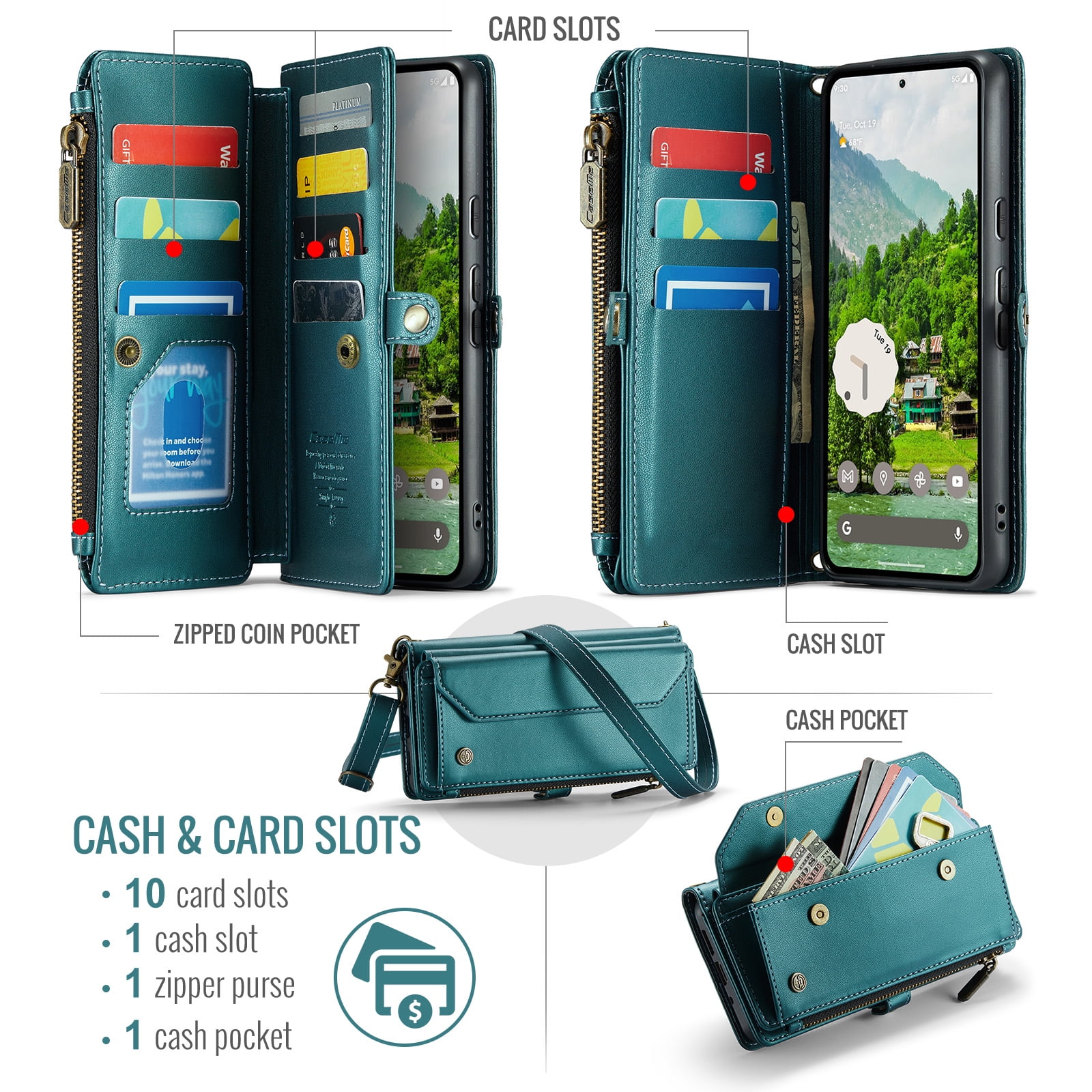 for Google Pixel 7a Full Body Protection Wallet Folio Flip Case, Shoulder Strap & Wristlet Card Slots Zipper Pocket RFID Blocking Rugged Durable PU Leather Phone Case Cover, Green