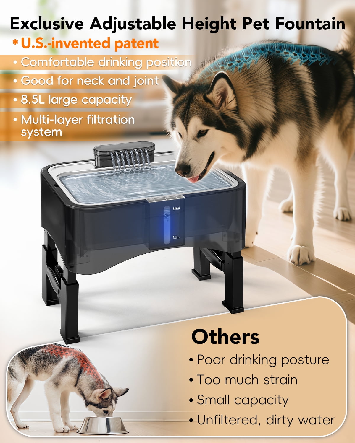 UPSKY 2.25Gal Elevated Dog Water Fountain, 4 Heights Adjustable Pet Fountain for All Dog Sizes, 304 Stainless Steel Tray Indoor Cat Drinking Dispenser with Ultra-Quiet Pump & 2 Replacement Filters
