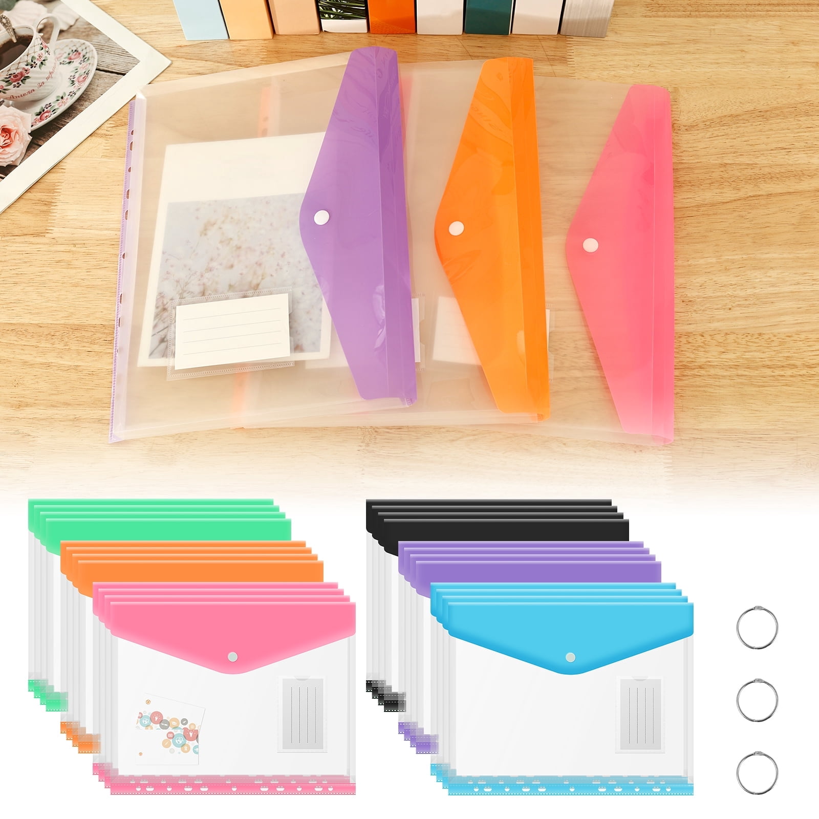 FUYGRCJ 24 Pack Binder Pocket, Plastic Envelopes Binder Folders, 11 Holes Expandable Binder Folders, Document Pouch with Snap Button and Label Loose, Leaf Transparent Binder Pockets