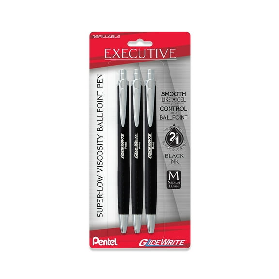 Pentel GlideWrite Retractable Ballpoint Pen Medium Point 1.0mm Black Ink 3/Pack (BX970ABP3)