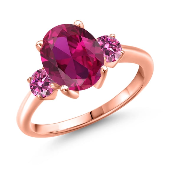 Gem Stone King 18K Rose Gold Plated Silver Ring Oval Red Created Ruby and Vivid Pink Moissanite (3.46 Cttw, Size 6)
