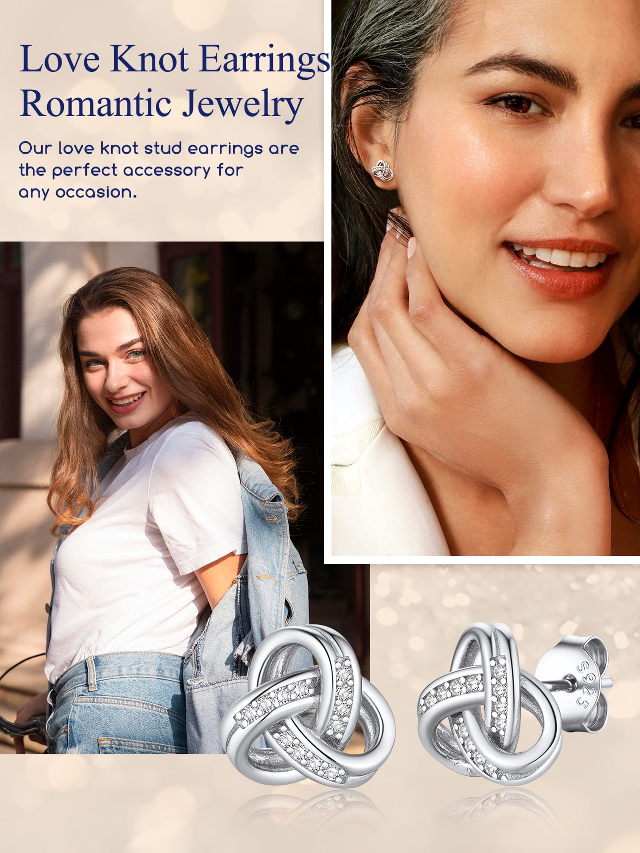 Suplight 925 Sterling Silver Cubic Zirconia Triangle Love Shape Knot Earrings Love Gifts for Women