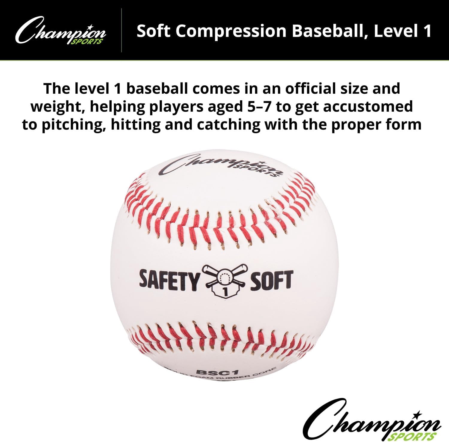 Champion Sports Syntex leather Cover Official Size and Weight Soft Compression Baseballs - Polyurethane Center - Pack of 12 - Level 1 (Ages 5-7)