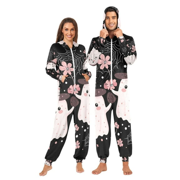 Halloween Pink Ghosts Flowers Adult Onesie Pajamas Slim Fit Christmas One Piece Suit Pjs for Women and Men Hooded Zipper