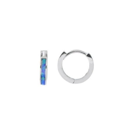Sterling Silver Rhodium Plated Simulated Opal Inlay 2mm Huggie Hoop Earrings, 10mm