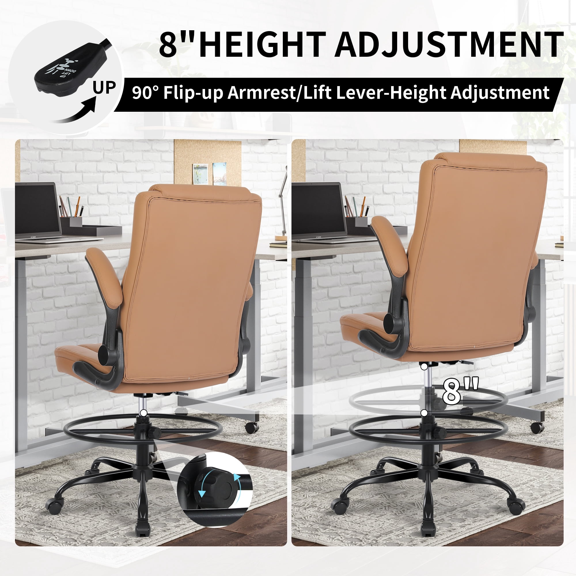 Misolant Drafting Chair, Tall Office Chair for Standing Desk, Standing Desk Chair with Adjustable Height and Flip-up Arm, Leather Drafting Chair, High Office Chair for Counter Height Desk