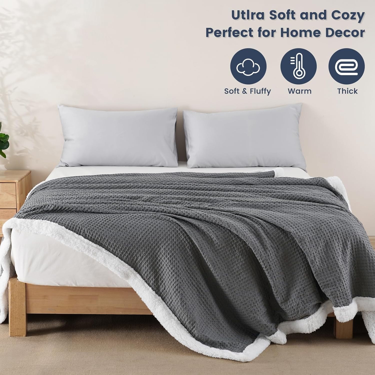 PHF Waffle Sherpa Bed Blanket Twin Size, Cozy Warm Reversible Plush Flannel Blanket for Winter, 60" x 80", Grey