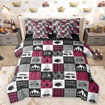 Homewish Happy Camping 7pcs Bedding Comforter Set,Rustic Farmhouse Cabin Queen Bedding Sets,Red Gray Black Queen Sheet Sets For Teens,Ultra Soft Home Decor Reversible
