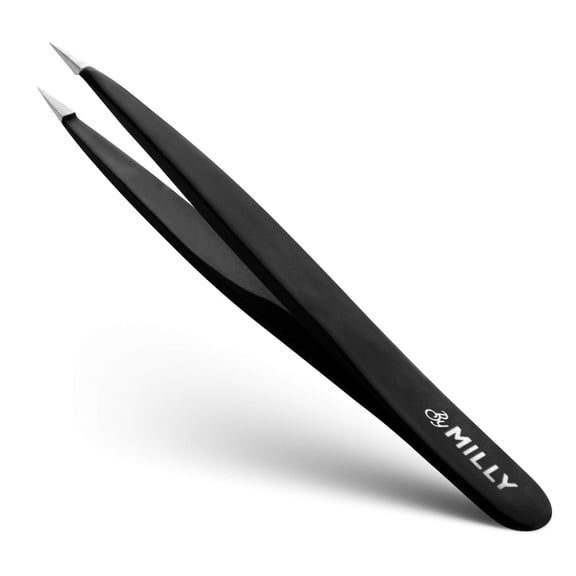 By MILLY Pointed Tweezers | High Carbon Stainless Steel Needle Nose Tweezers | Fine Point Tweezers Precision Hair Removal | Perfectly Aligned & Hand-Filed Sharp Tweezers | Black