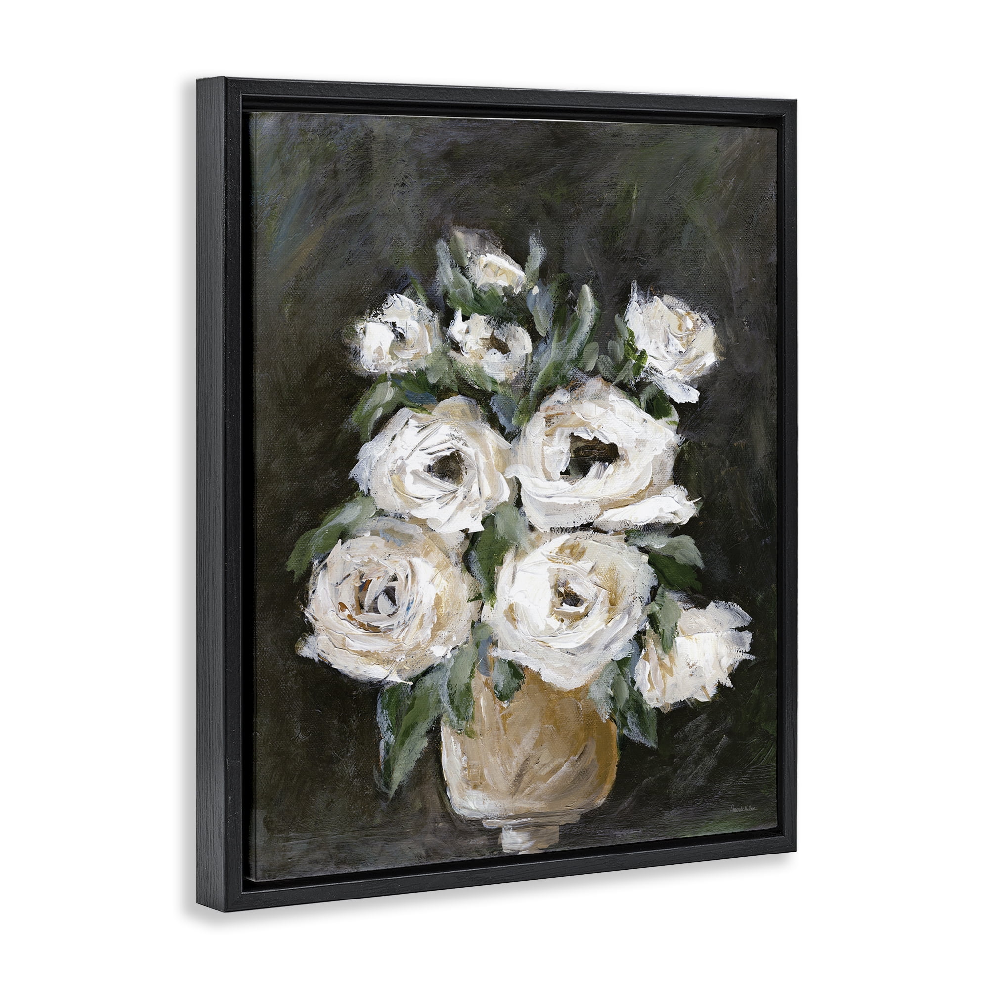 Stupell Industries Roses on Black Still Life Plants & Flowers Painting Black Floater Framed Canvas Art Print Wall Art, 17 x 21