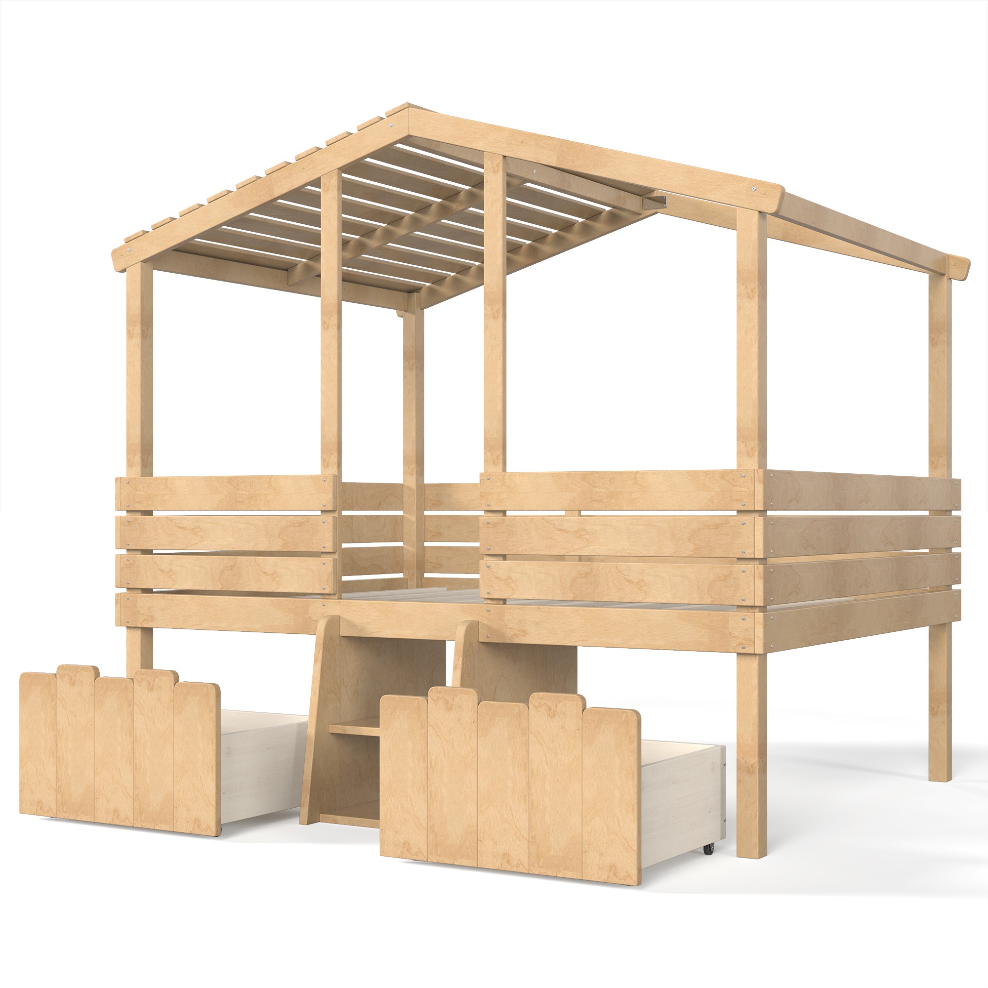 Leumius Full House Loft Bed with Cute Stairs and 2 Storage Drawers, Farmhouse Low Loft Bed with House Shaped Roof, Childlike and No Box Spring Needed Design Natural