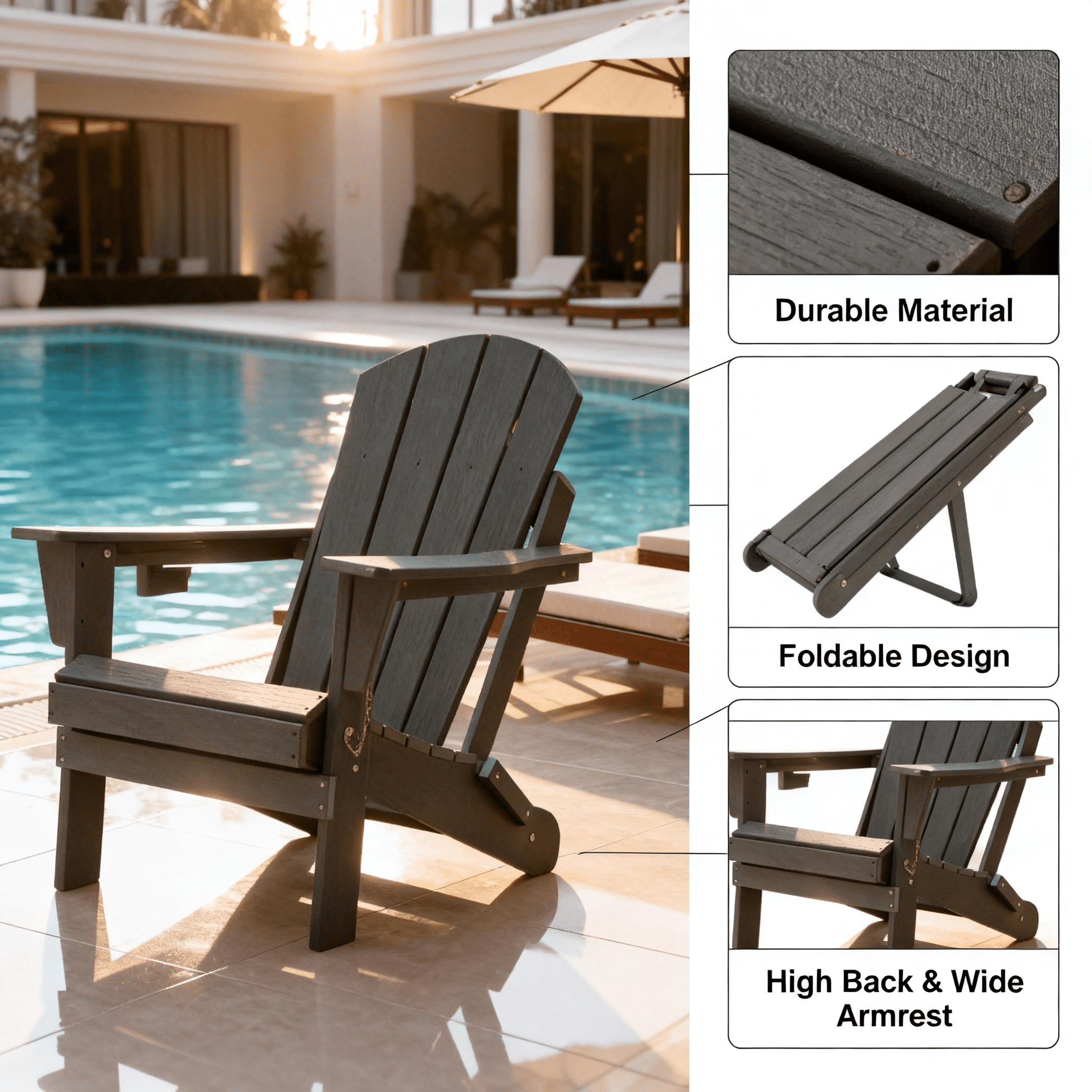 Folding Adirondack Chairs, Patio Chairs, Lawn Chairs, Outdoor Chair, Adirondack Chair Plastic, Fire Pit, Weather Resistant with Cup Holder for Deck, Backyard, Garden(Gray)