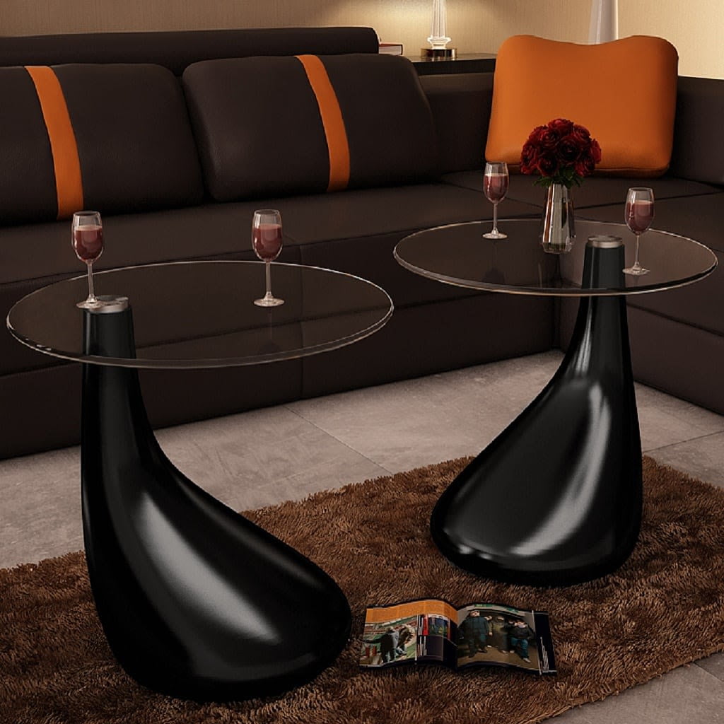 Kepooman Modern High Gloss Coffee Table with Round Glass Top, Set of 2, Black Kepooman Modern High Gloss Coffee Table with Round Glass Top, Set of 2, Black