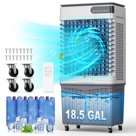 Patiosunny Portable Evaporative Air Cooler, 3-in-1 Swamp Cooler, 3 Speeds, 18.5Gal Large Water Tank and Wheels for Home, Office, Commercial Use