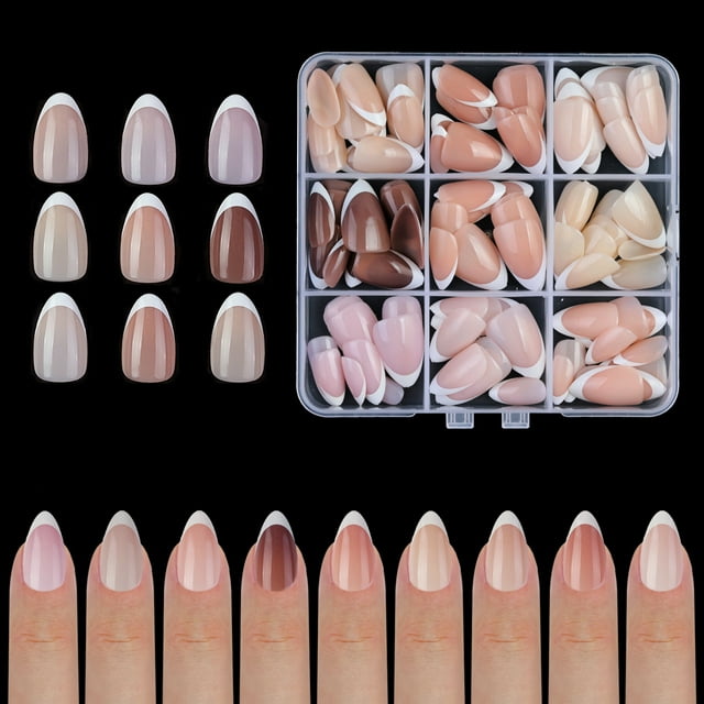 9 Colors French Gel Nail Tips Pre-applied Base Coat & Tip Primer Pre-made French Nails Soft Gel Tips 15 Sizes Fake Nails False Nail Tips for Nail Art DIY