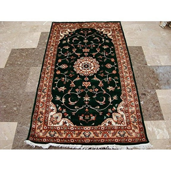 Rectangle Area Rug Dark Green Floral Medalion Wool Silk Hand Knotted Carpet (5 x 3)'