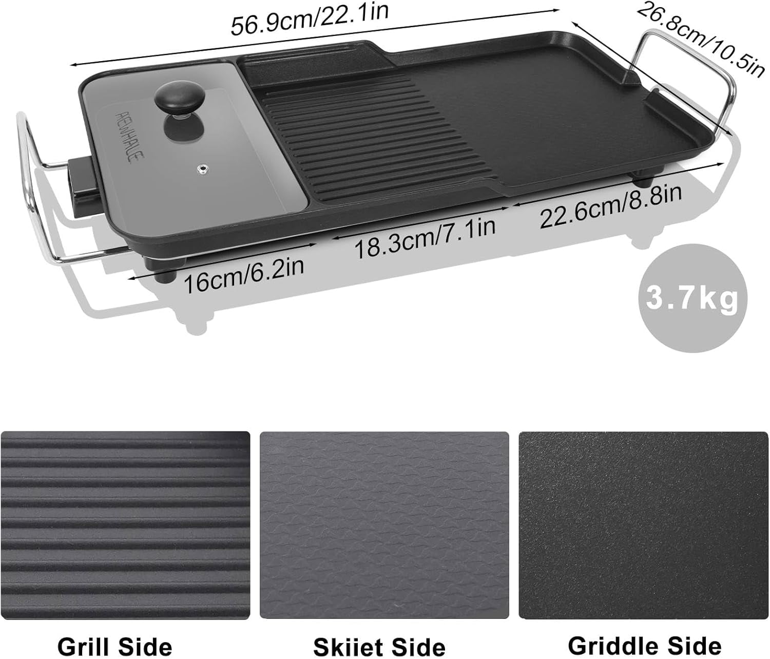3-in-1 Electric Nonstick Griddle Grill 1800W, Teppanyaki Grill with Removable Temperature Control & Drip Tray for Pancakes Burgers Eggs, 22"x 10.5"
