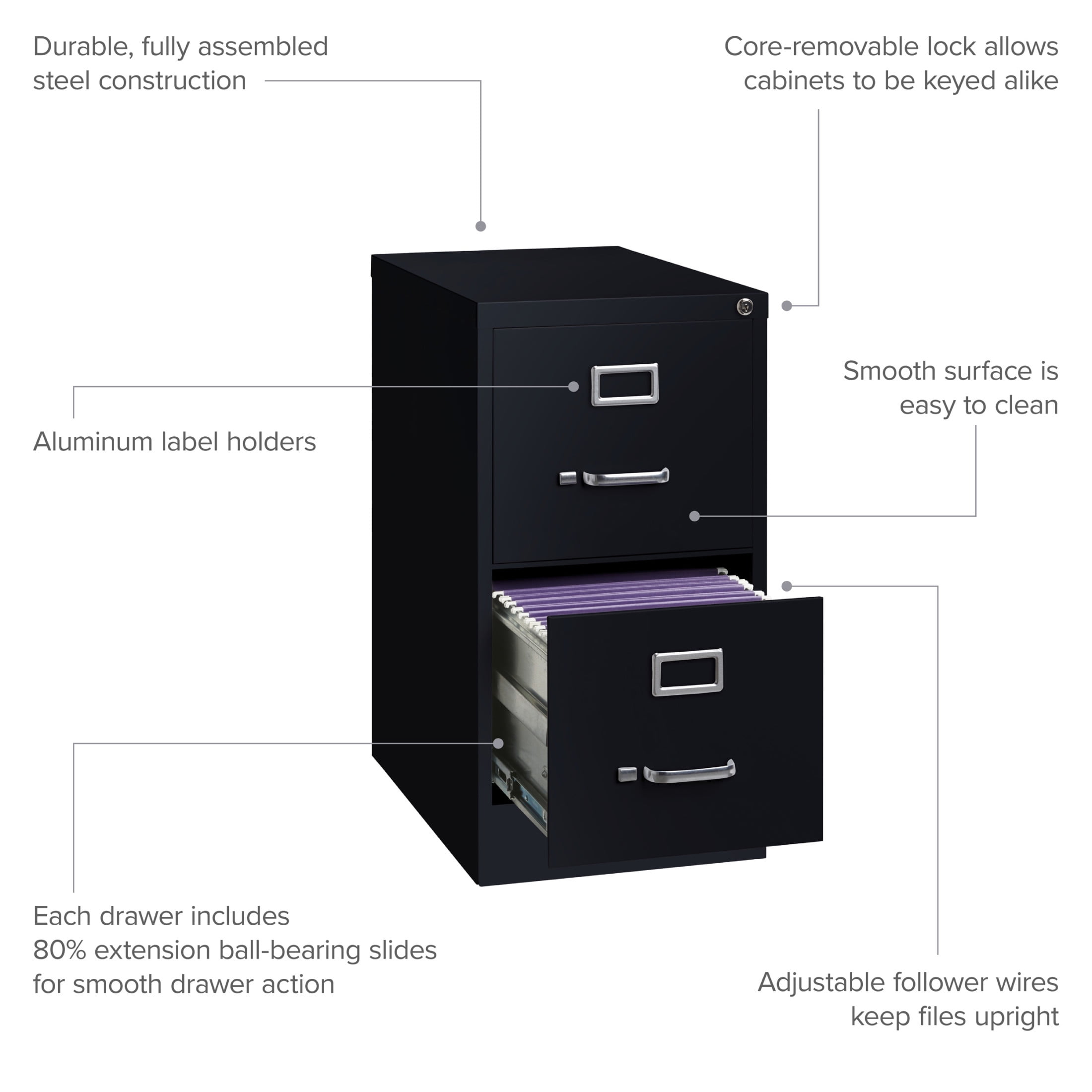 Hirsh 2 Drawer Letter Locking Metal Vertical File Cabinet, 22" Deep, Black