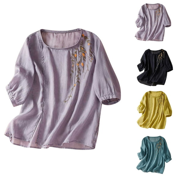 Olyvenn Women's Peasant Tops Summer Mexican Embroidered Shirts Loose Cotton Linen Short Sleeve Blouses Trendy Tees Black XL