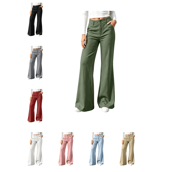 Busydd Flare Pants for Women Trendy Casual High Waisted Wide Leg Pants Solid Color Two Button Front Dress Trousers with Side Pockets S