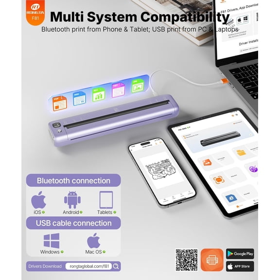 Portable Wireless Printer, Inkless Thermal for Travel, Compatible with Android iOS Windows, 8.5x11 US Letter, Office Home Gift