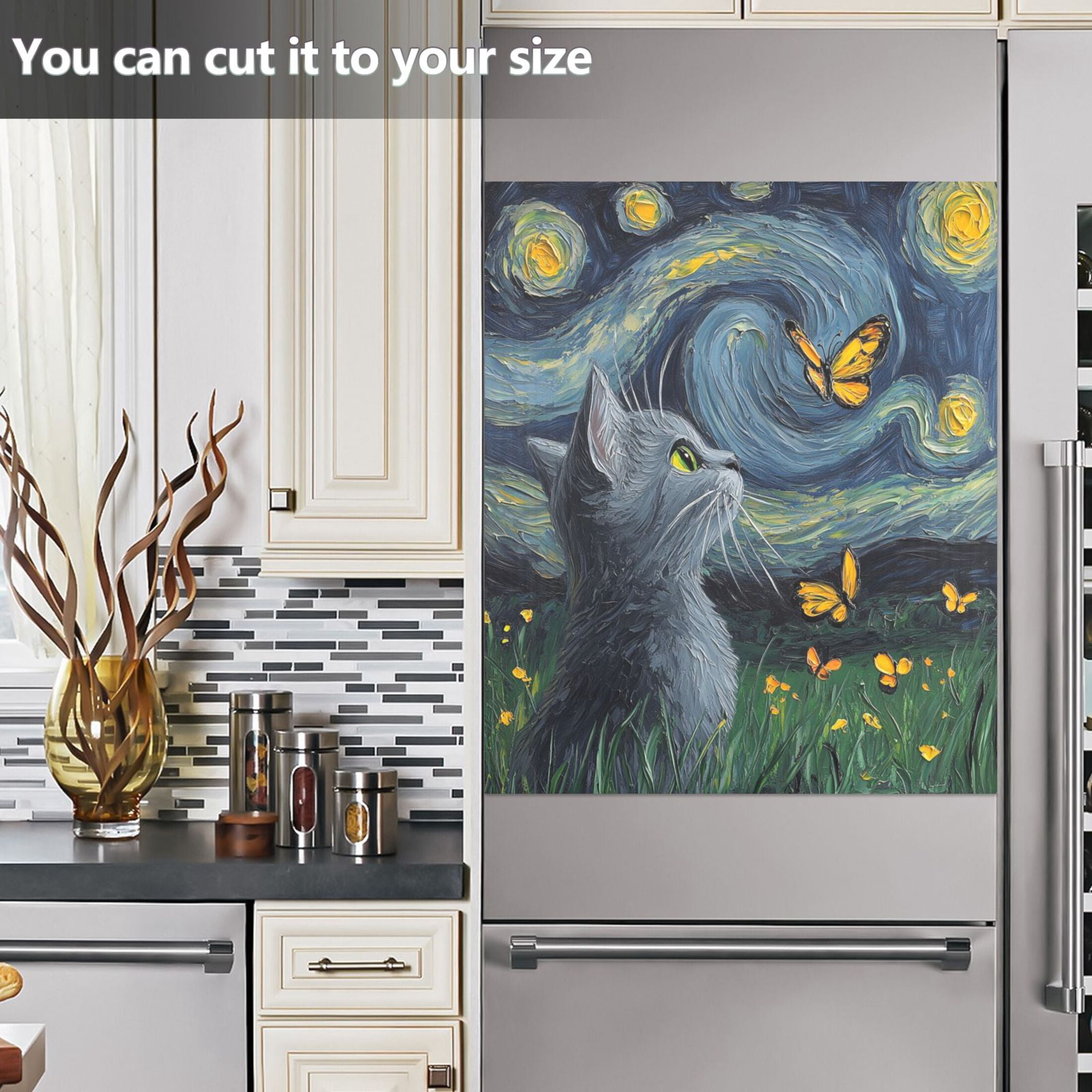 Dishwasher Magnetic Sticker 23x26 Inch Refrigerator Magnetic Sticker Washing Machine Magnetic Sticker Kitchen Panel Magnetic Sticker Home Decor Beautiful Starry Sky Cat
