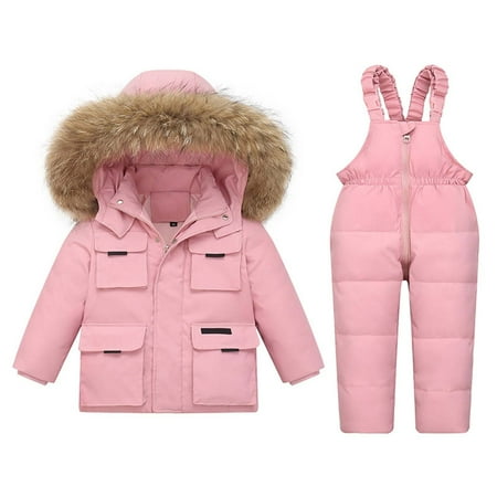 

New Year s Deals!Baby Boys Girls Winter Down Coats Snowsuit Outerwear 2Pcs Clothes Hooded Jacket Snow Windproof Ski Bib Pants Outfits Set on Clearance