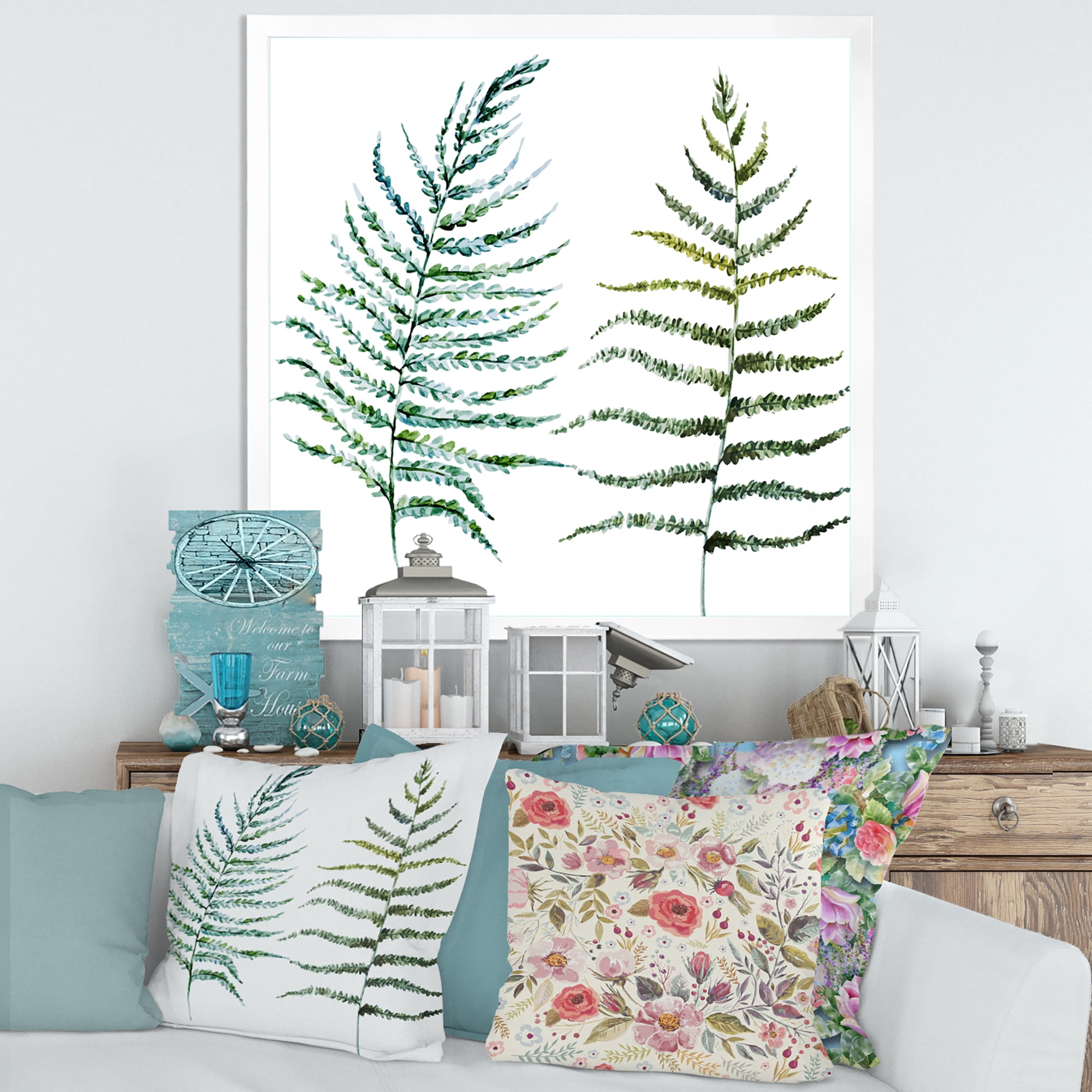 Designart 'Two Fern Leaves On White' Farmhouse Framed Art Print