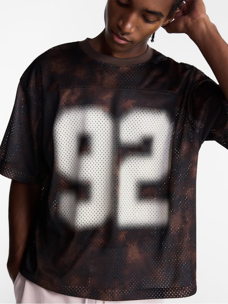 No Boundaries Graphic Boxy Fit Mesh Jersey Style Shirt, Men's XS