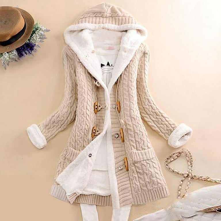 Women Hooded Cardigans Thick Plush Lined Knitted Sweater Coat with