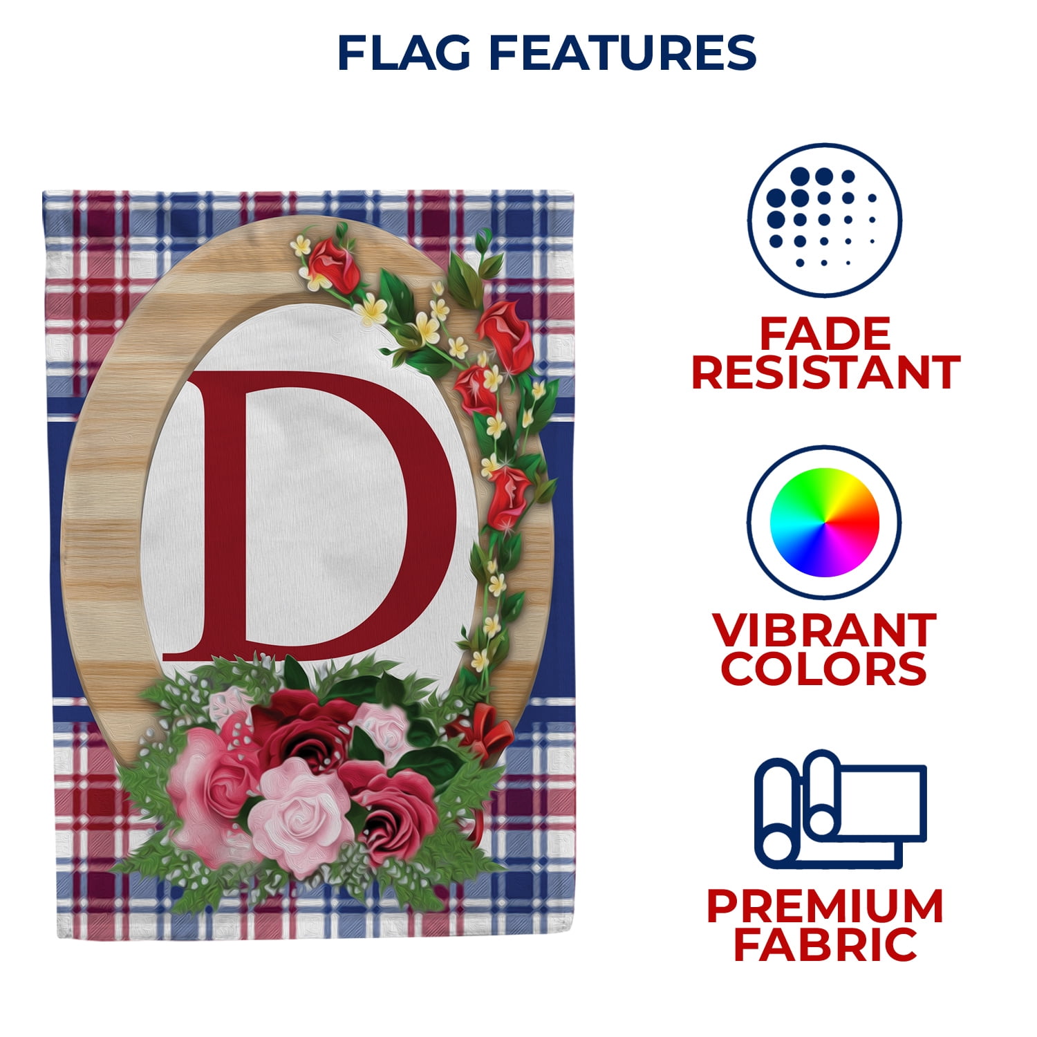 America Forever Monogram D House Flag, 28 x 40 inch Double Sided, Letter D with Roses, Floral Initial Flag, Plaid Background, Personalized Yard Decor