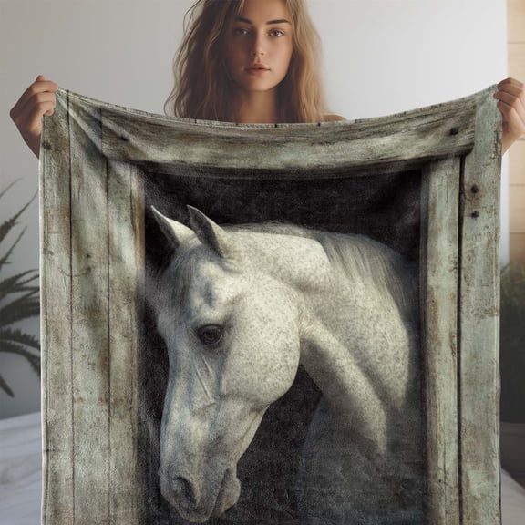 Vintage White Horse Print Flannel Blanket - Soft, Warm & Cozy for Couch, Bed, Car, Office, Camping | All-Season Gift Throw