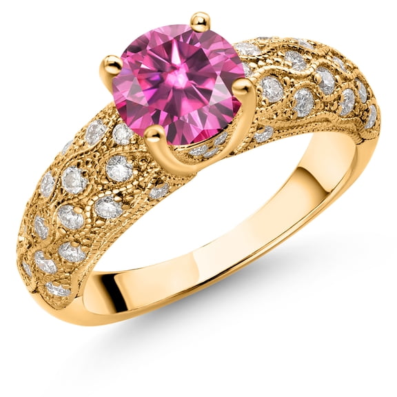 Gem Stone King 18K Yellow Gold Plated Silver Pink Moissanite and White Moissanite Engagement Ring for Women (1.54 Cttw, Round 7MM, Gemstone, Size 6)