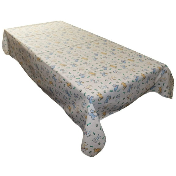 Cotton Tablecloth Animal Print Puppies Chase Ball and Bone Blue on White