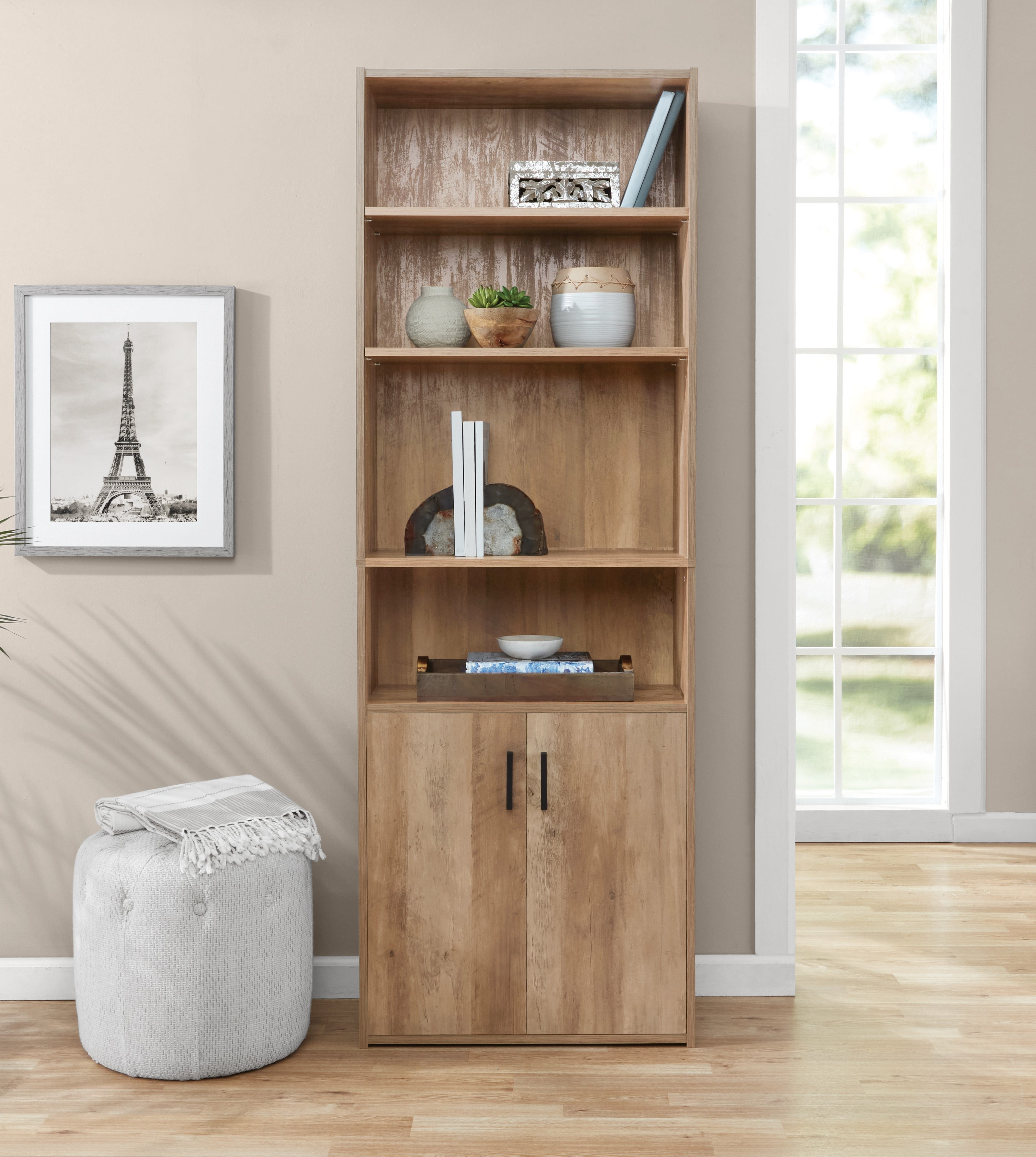 Mainstays Traditional 5 Shelf Bookcase with Doors, Weathered Oak Finish  (图4)