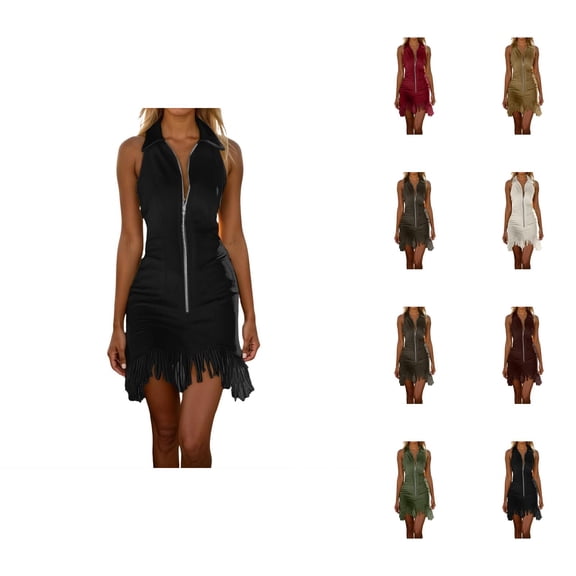 Western Cowgirl Dress for Women Sleeveless Zip Up Lapel Collar Slim Fit Tassel Hem Midi Dresses Country Concert Dress