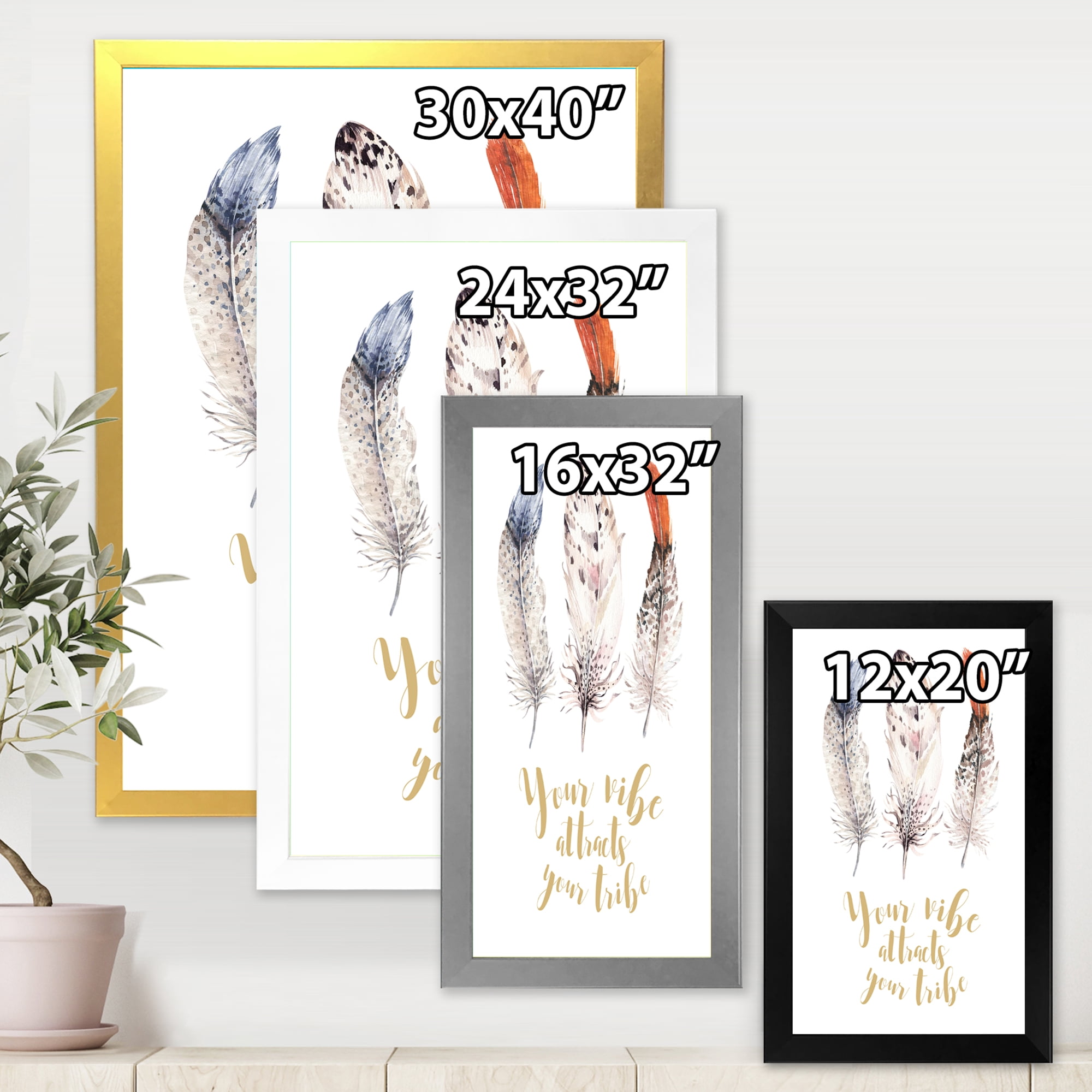 Designart 'Your Vibe Attracts Your Tribe Ethnic Feathers II' Bohemian & Eclectic Framed Art Print