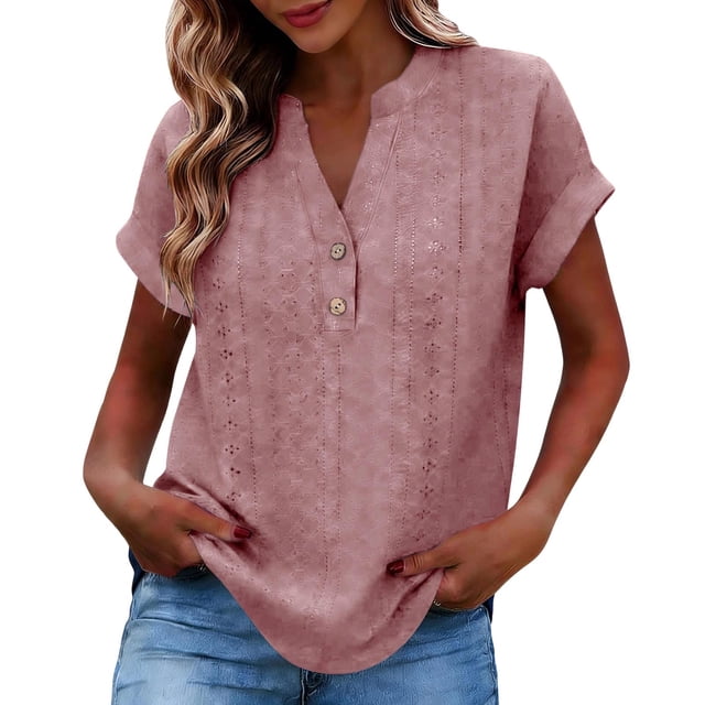 Camisetas de Cuello en V de Manga Larga para las Mujeres Blusa Casual de Color Sólido, Botón Delantero Suelto de Ajuste Superior de Verano